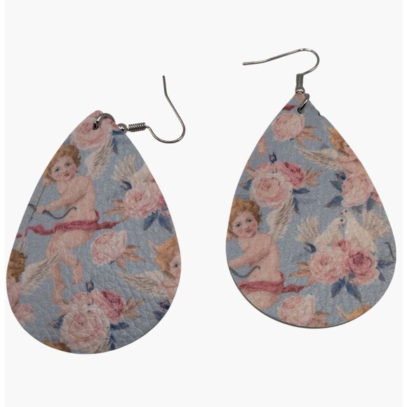 Cupid Valentine Earrings Teardrop Faux Leather Angel Victorian Floral Print New - Picture 2 of 4